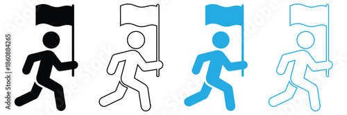 Four running stick figures holding flags in different colors and styles,Simple Black and White Tour Guide Icons with Flags Vector Design