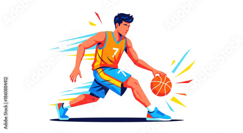 Vibrant vector illustration of a male basketball player dribbling the ball with dynamic motion. Capturing energetic speed and athletic prowess in a fast-paced sports game