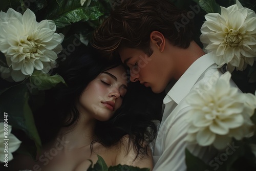 Young couple rests closely embraced amongst lush white flowers and dark foliage