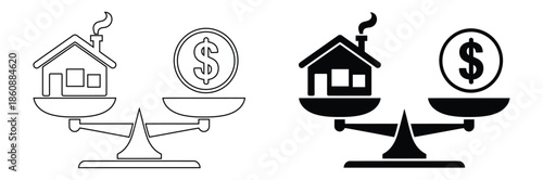 Housing market balance concept with money and property scales,Money and house scales icon. Dollar coin and house balance on scale. Real estate sale. Weights with house and money coin. 