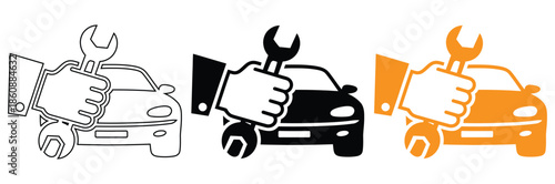 Mechanic hands holding wrenches with cars in different colors,Hand holding wrench icon, Services icon, repair sign vector,Home repair or hand holding wrench or spanner line art vector icon for apps