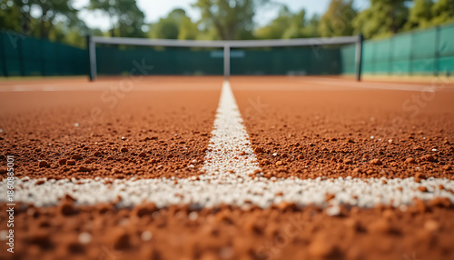 Outdoor Tennis Court on Sunny Day with Clay Surface and Scenic Tree Background