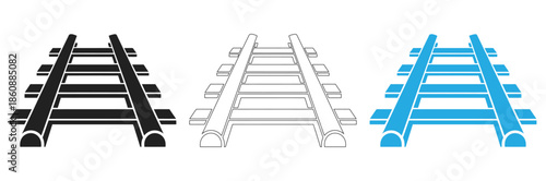 Railway tracks in black, white and blue,Railway tracks and switches or turnouts of the main railway station set, Straight and curved railway train track icons. Top view railroad train paths.