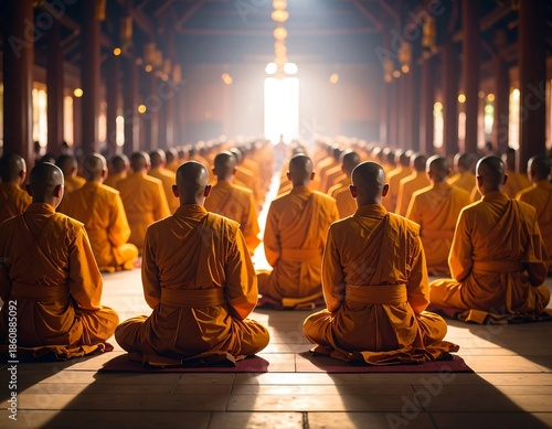 A low-angle shot of seated monks in a large wooden hall bathed in sunlight, focusing on the rear of the individuals