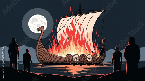 Viking ship on fire at night with people watching, dramatic scene under full moon