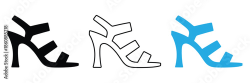 Three stylish high heel shoes in black, white, and blue,Black female footwear, shoes silhouette symbol isolated on white background. High heel female shoes line icon. High heels shoes vector. 
