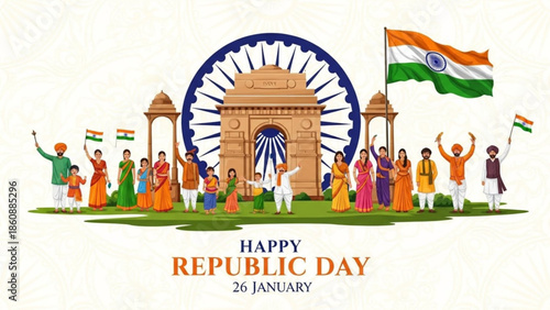 Indian people celebrating republic day with flags and gateway of india monument