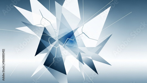 Abstract shattered glass explosion in shades of blue and white on gradient background