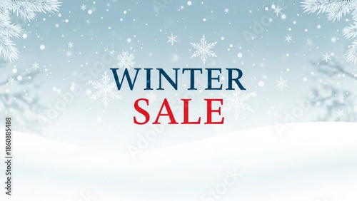 Winter sale advertisement with snowy background and snowflakes