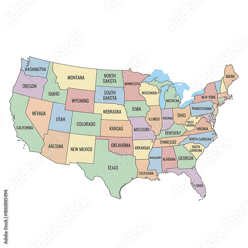Map of the United States with States Labeled.