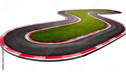 A winding asphalt race track with red and white curbs curving right isolated on a transparen.png