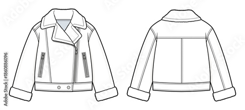 Shearling Moto Jacket Technical Fashion Illustration. Fitted Biker Jacket with Fur Trim Collar and Cuffs, Angled Zip Closure, Zipper Pockets. Front and Back Views. Women’s Outerwear. CAD Mockup Set.