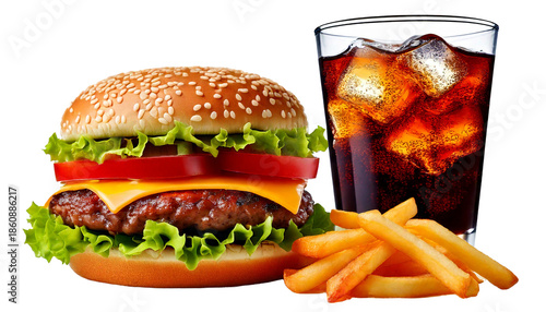 Cheeseburger with Sesame Seed Bun Lettuce Tomato and Cheese French Fries and Cola in Clear G.png