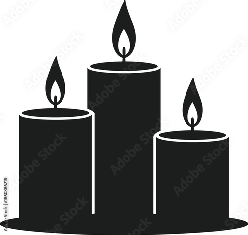 Three black candle silhouettes with flames on a white background fire light