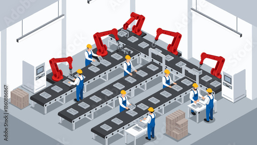 Manufacturing plant with workers and robots on assembly line