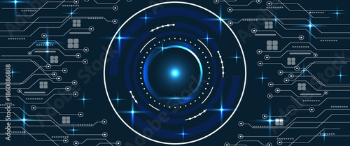 Futuristic tech interface background with glowing circular HUD elements, digital circuit lines and blue cyber design.