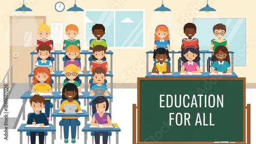 Diverse group of students sitting at desks in classroom with education for all message on chalkboard, learning together