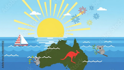 Vibrant australia map with kangaroo, koalas, sailboat, and fireworks at sunset over ocean