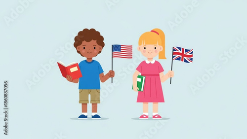 Two children holding books and flags of usa and uk, symbolizing education and international friendship in a colorful illustration