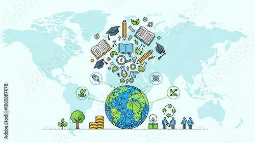 Global education and sustainable development concept with earth surrounded by learning icons, eco friendly symbols, and business growth elements on a world map background