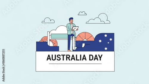 Man standing on australia day background with flag and sunny landscape