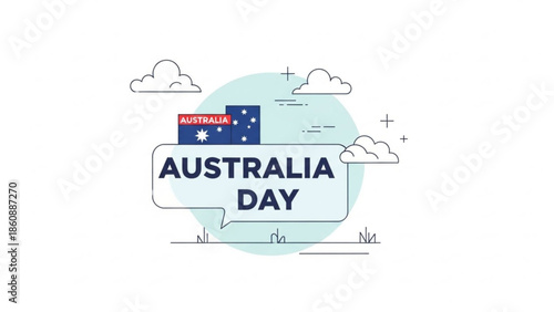 Australia day celebration with australian flag and speech bubble on white background with clouds