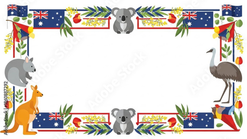 Australian animals and flora border design with kangaroo koala and emu on white background
