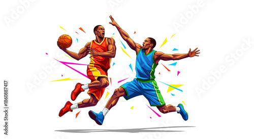 Dynamic illustration of two basketball players competing for a ball in mid-air, showcasing athletic prowess and intense game action
