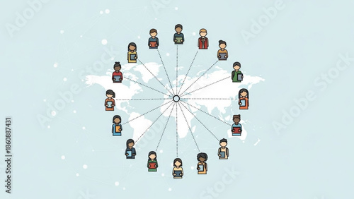 Global communication network people connected worldwide on map with technology