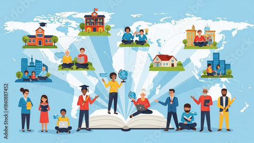 Diverse people learning and education around the world with schools and buildings, global knowledge and students