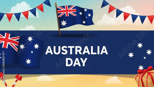 Australian flag and bunting celebrate australia day on a sunny beach with patriotic decorations and a festive atmosphere