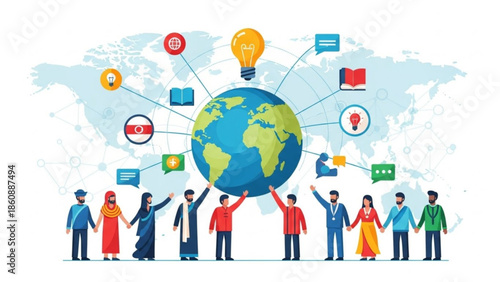 Diverse group of people from different cultures holding hands around the globe with communication and technology symbols