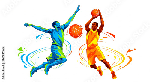 Electrifying abstract illustration capturing two basketball players mid-action, highlighting dynamic energy and vibrant colors in a modern sports design