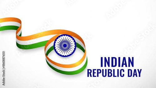 Indian republic day celebration with tricolor ribbon and ashoka chakra symbol on white background, national pride and patriotism