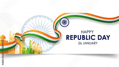 Indian republic day celebration with tricolor ribbon and cityscape background on white
