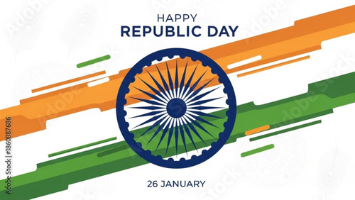 Indian republic day celebration graphic with ashoka chakra wheel and tricolor background