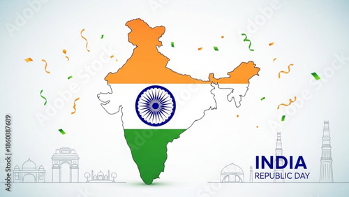 India republic day celebration with indian flag and confetti on map, national pride and patriotism