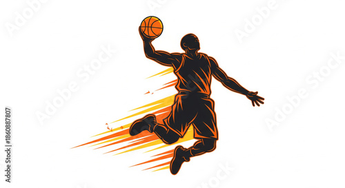 Dynamic silhouette illustration of a basketball player in mid-air, executing a powerful dunk with vibrant speed lines, capturing intense sports energy and athletic movement