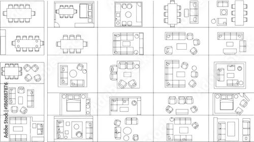 Architectural layouts presented in a top-down view offer insight into spatial arrangements and design possibilities. Detailed schematic drawings showcase various furniture layouts.