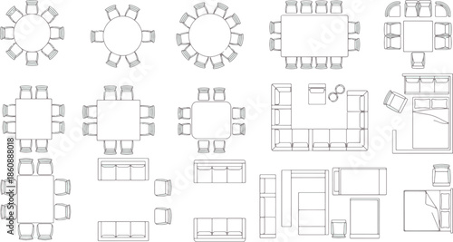 A selection of furniture layout options, depicting various top-down room design possibilities, showcasing a diverse range of furniture arrangements.