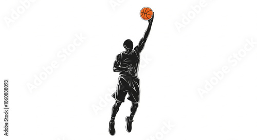 Dynamic silhouette of a basketball player in mid-air, powerfully reaching for a slam dunk or jump shot, capturing the intense energy and athleticism of the sport