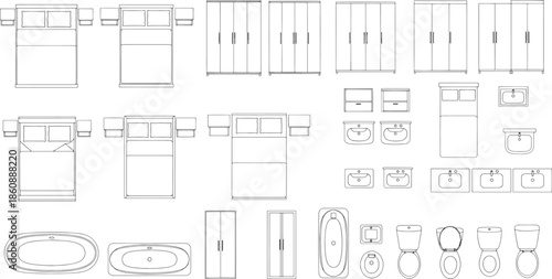 A comprehensive collection of interior design elements, meticulously rendered in a line drawing, showcasing a range of furniture for bedroom and bathroom.