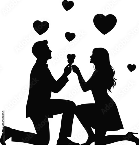 Romantic proposal silhouette with hearts