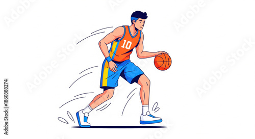 Energetic vector illustration of a young male basketball player actively dribbling a ball, showcasing athletic movement and dynamic action perfect for sports concepts