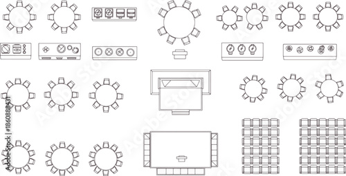 A bird's-eye view of a meticulously crafted architectural floor plan showcases the elegant design. Featuring multiple room layouts, an assortment of furniture arrangements, and interior elements.