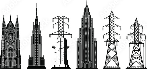 Architectural silhouette, transmission tower, damaged pylon, urban skyline, gothic cathedral, modern skyscraper, infrastructure contrast, vector illustration, industrial structure, city design