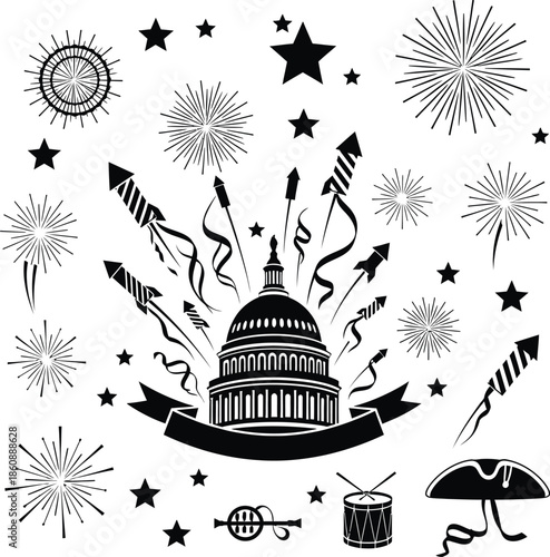 4th of july fireworks illustration with capitol building and patriotic symbols