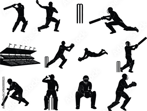Cricket player silhouettes in various positional actions