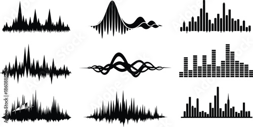 Audio waveform, sound equalizer, frequency spectrum, music signal, black vector icon set, abstract sound visualization, media design elements