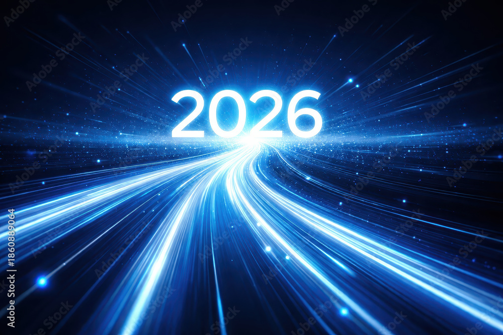 Fototapeta premium Road to successful 2026 concept luminous highway of light representing future progress and innovation with dynamic motion and glowing blue streaks